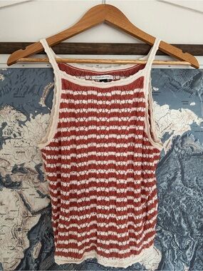 American Eagle Outfitters Rust and Cream Striped Knit Tank Size Small